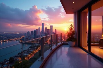 Fototapeta premium Luxurious penthouse balcony with city skyline at sunset, skyscraper, luxurious living, luxury penthouse