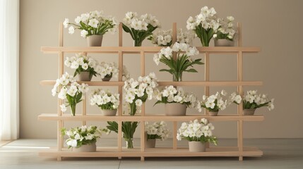 Modern shelving unit with white flowers in a light beige room