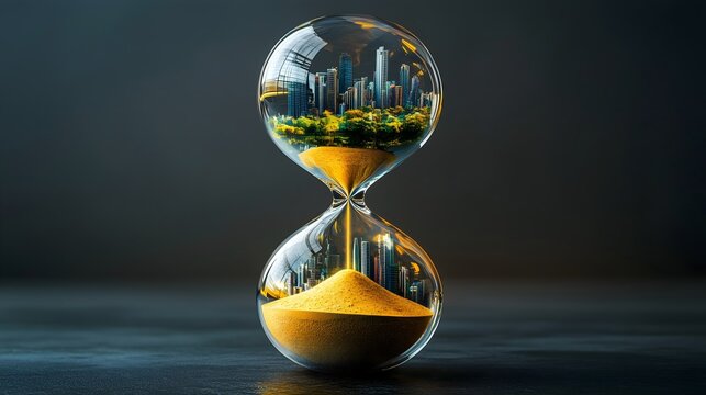 Hourglass symbolizes the urgent need to address climate change and prevent further pollution in urban environments
