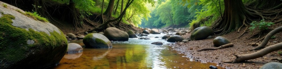 Muddy riverbank with moss-covered boulders and twisted tree roots, grunge, wilderness