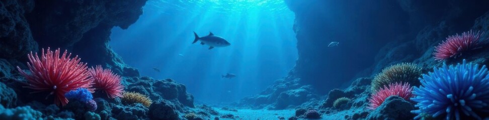 Fototapeta premium Mysterious underwater scene with glowing blue marine life and coral, marine life, water