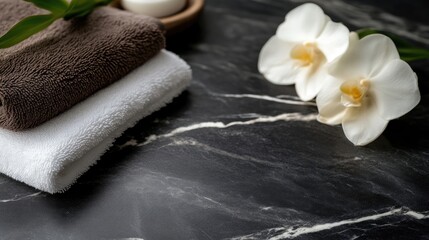 Spa-inspired wellness scene with towels, orchids, and candle