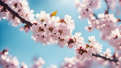 Obraz premium Close-up delicate pink cherry blossoms full bloom against a vibrant blue sky.