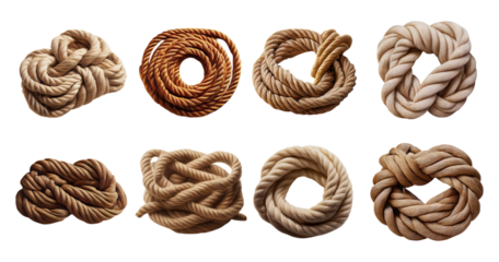 Various Knots and Twisted Ropes on a White Background, Bundle Set Collection, Isolated on Transparent Background