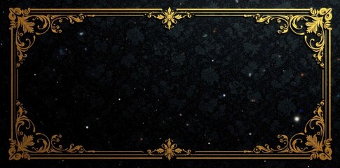 Ornate gold foil stamping on a black background with classic calligraphy and subtle patterns , foiling, black