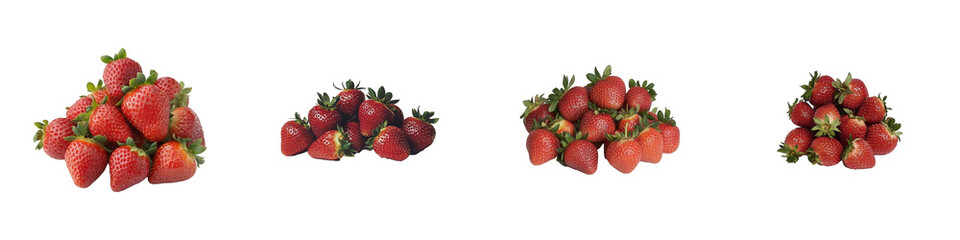 Piles of fresh strawberries exhibit bright red colors with green stems showing the tiny seeds in a group arrangement.