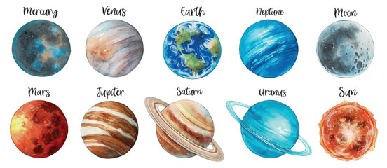 Planet of the Solar System. Watercolor illustration of Saturn, Sun, Jupiter, Mercury and Moon, Venus, Mars, Earth, Uranus planets. Interior educational astronomy poster. Watercolor space and planets.