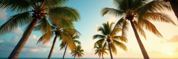 Palm trees sway gently in warm tropical breeze, palm trees, island, ocean