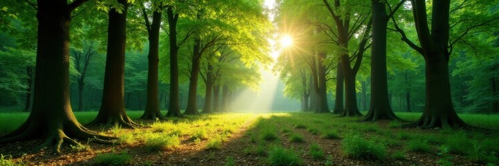Panorama of a forest with sunlight filtering through trees, casting dappled shadows on the ground , sunlight, landscape