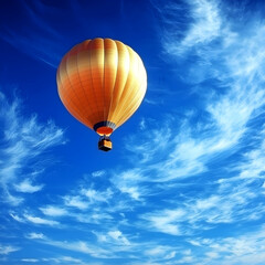 Fototapeta premium Hot air balloon soaring in a vibrant blue sky, fluffy cloudscape background, adventure travel imagery
