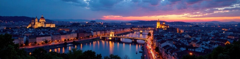 Fototapeta premium Panoramic European cityscape at dusk with illuminated landmarks and twinkling lights across the sky , night view, urban landscape