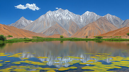Lake reflecting mountains with snow capped peaks under a blue sky day light