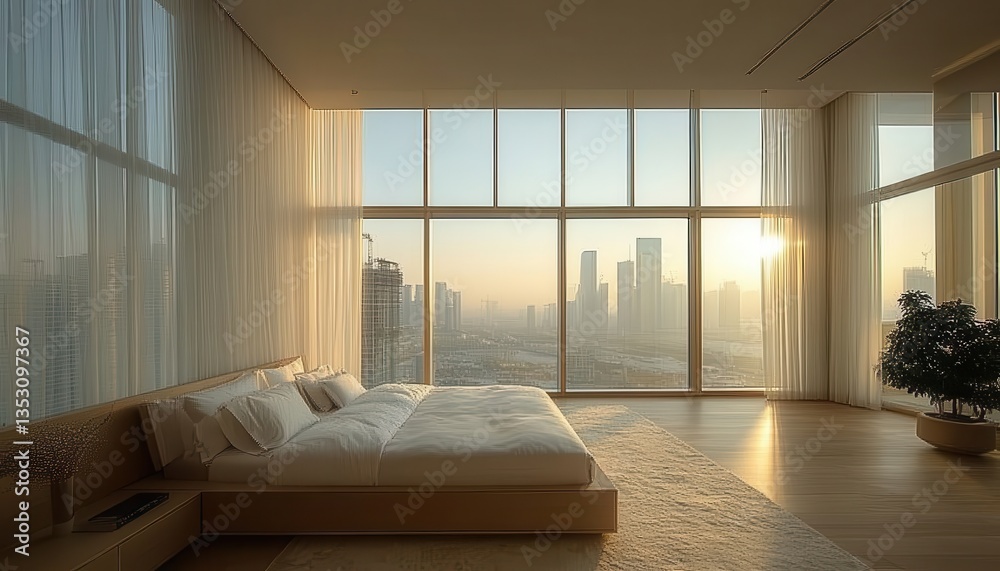 Poster soft morning light filters through sheer curtains in a cozy bedroom with plants and a neatly made be