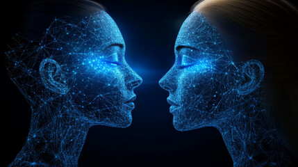 Two digital human faces composed of interconnected blue lines and dots face each other against dark background, symbolizing concept of digital twins and advanced technology
