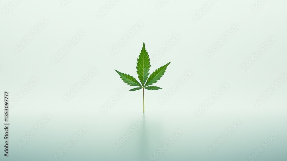 Aufkleber Fresh cannabis leaf standing upright on a minimalistic surface under natural light showcasing its vibrant green color and unique leaf structure
