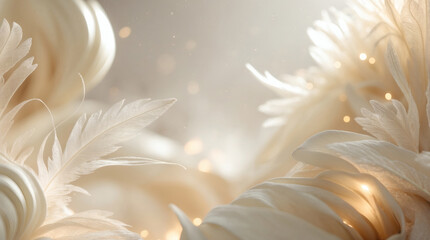Dreamy ivory feathers float in a soft, warm light, creating an ethereal atmosphere with delicate details and a touch of subtle elegance.