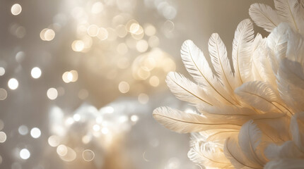 A mesmerizing display of white feathers illuminated by shimmering bokeh lights, creating a dreamy and ethereal composition.