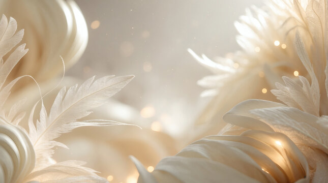 Dreamy ivory feathers float in a soft, warm light, creating an ethereal atmosphere with delicate details and a touch of subtle elegance.