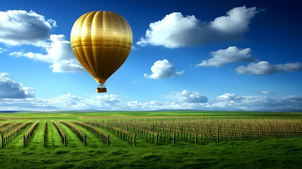 Fototapeta premium Golden hot air balloon floats over vineyard, sunny day, travel adventure, tourism
