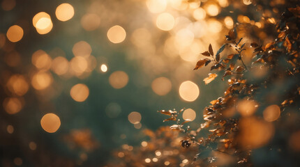 Blurred bokeh lights and autumnal foliage create a dreamy, warm atmosphere with hints of cool tones for a balanced visual experience.