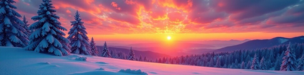 Serene landscape at dawn with snow-covered trees and a colorful sunrise , mountains, sunrise