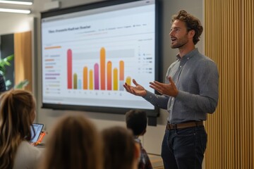 Business professional presents data insights during a corporate meeting in a modern conference room with engaged team members