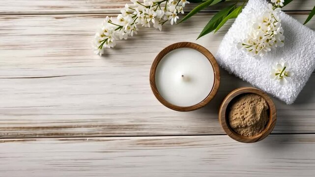 Top-down video shot of spa essentials on a wooden surface, featuring a candle, clay mask, towel, and flowers, creating a serene and calming atmosphere. Live desktop wallpaper.