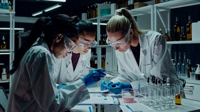 Estudiantes cient&iacute;ficas colaboran en an&aacute;lisis de laboratorio con tablet y muestras
