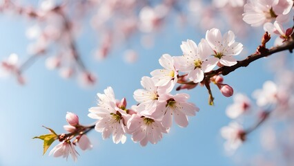 Obraz premium Close-up beautiful pink cherry blossoms a branch against a clear blue sky.