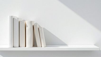 Minimalist Elegance White Wall Shelf with Leather Bound Books in Soft Daylight - Generative AI