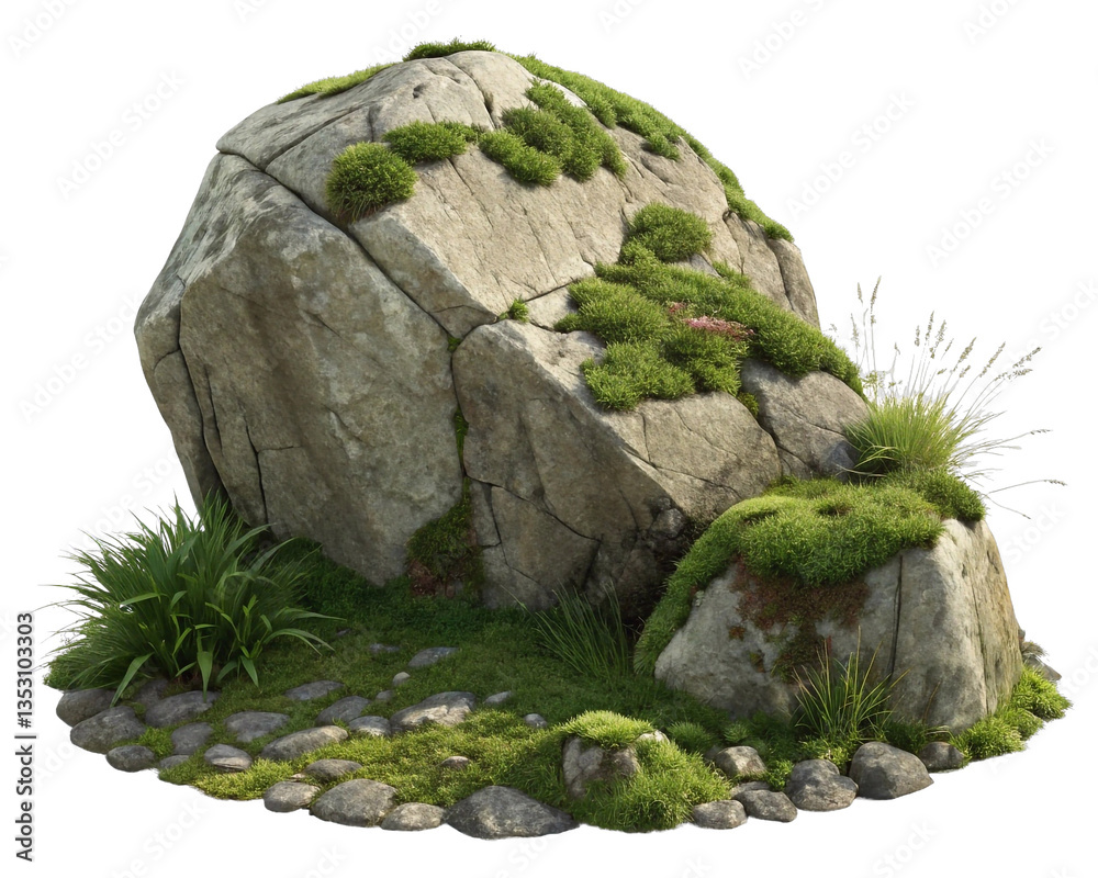 Poster a large rock formation covered in green moss, with some smaller rocks and plants scattered around it