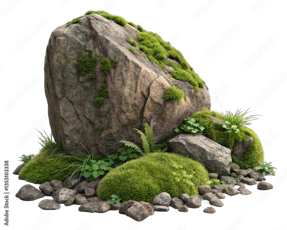 Poster a large rock formation covered in green moss, with some smaller rocks and plants scattered around it