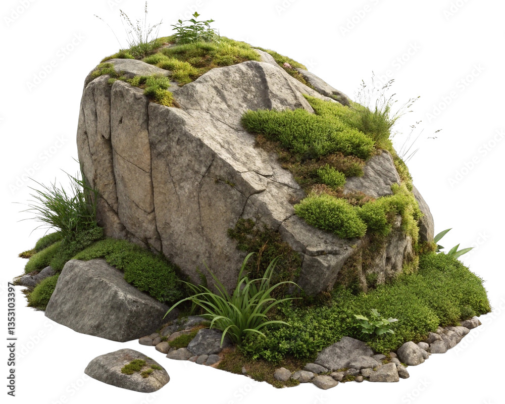 Poster a large rock formation covered in green moss, with some smaller rocks and plants scattered around it