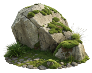 a large rock formation covered in green moss, with some smaller rocks and plants scattered around its base. The rock has a rugged texture and is situated on a transparent background