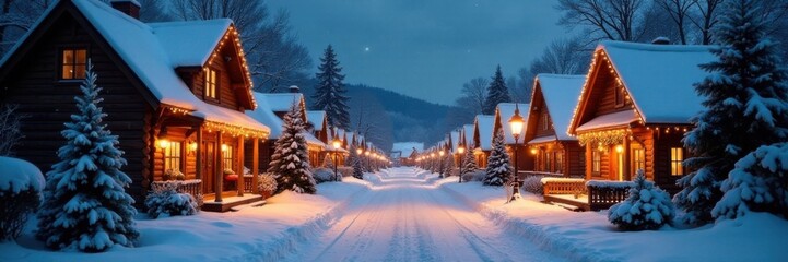 Snow-covered village street with festive lights and Christmas decorations, cozy atmosphere, winter wonderland