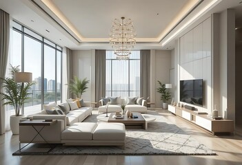 Elegant living space with cityscape view and sophisticated interior design