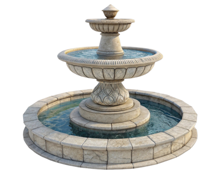 a multi-tiered stone water fountain with flowing water, set against a transparent background. The fountain has a classical design with intricate stonework, featuring three levels of basins.