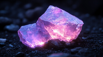 Obraz premium A glowing purple crystal formation resting on a dark rocky surface ground