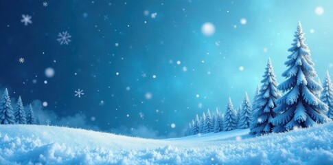 Snowflakes fall on winter blue background with silhouetted frosty trees, snow, winter, blue
