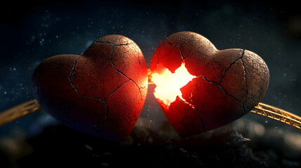 Two broken stone hearts glowing intensely against dark background; heartbreak concept