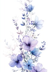 Watercolor Illustration of Blue and Purple Flowers on White