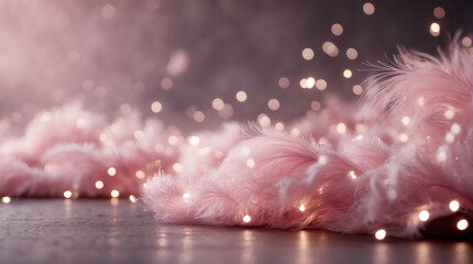 Dreamy pink feathers and soft bokeh lights create an ethereal and magical atmosphere, a delicate and enchanting composition.
