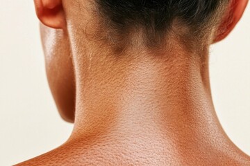 Naklejka premium Close up of the back of a woman s neck showcasing healthy skin and smooth texture, emphasizing beauty and skincare concepts in a neutral background