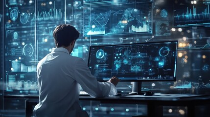 Data analyst reviewing complex graphical representations and metrics in a high-tech control room at night