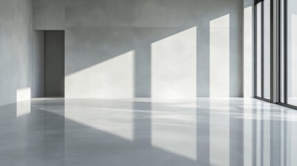 Obraz premium Empty, modern, light-filled space. Sunlight casts shadows across a polished concrete floor and walls. Large windows offer expansive city views