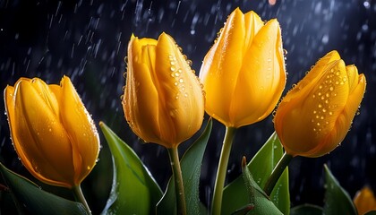Obraz premium Yellow tulip flowers with droplet of water in the raining day