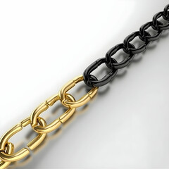 Fototapeta premium Gold and black chain links connecting, against white background; illustrating collaboration or connection