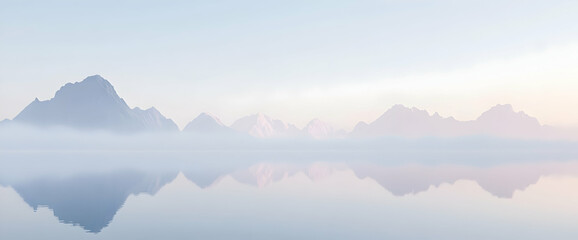 Misty mountain lake reflection, calm sunrise
