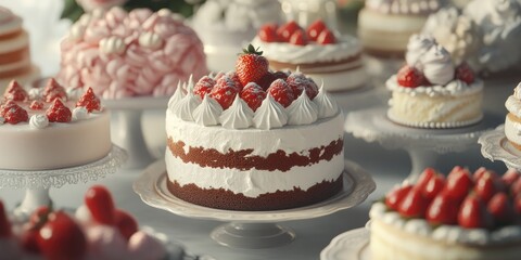 Elegant Strawberry Cakes Displayed on Decorative Stands