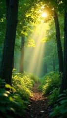 Obraz premium Soft warm rays of sunlight filtering through dense green foliage in a tranquil forest glade , foliage, warmth, light